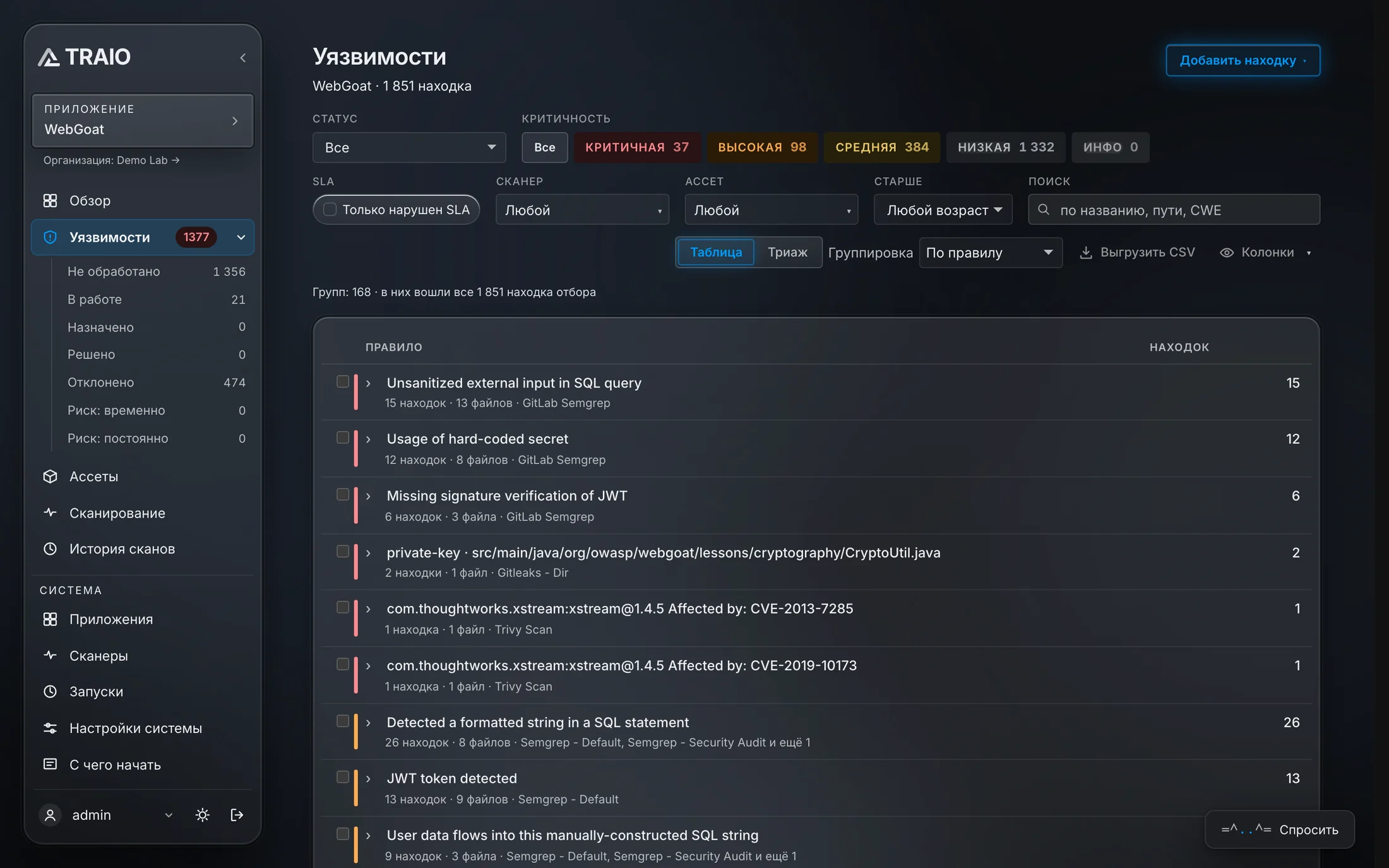 TRAIO — сгруппированный список уязвимостей всех сканеров